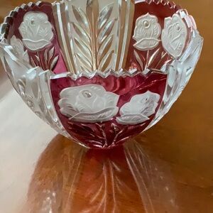 Intricate Red and Clear Floral Crystal Bowl
